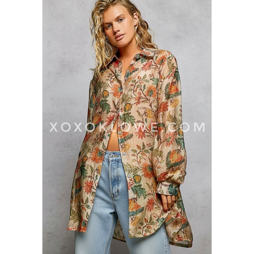 POL Tan Floral Button Front Long Shirt Top Tunic